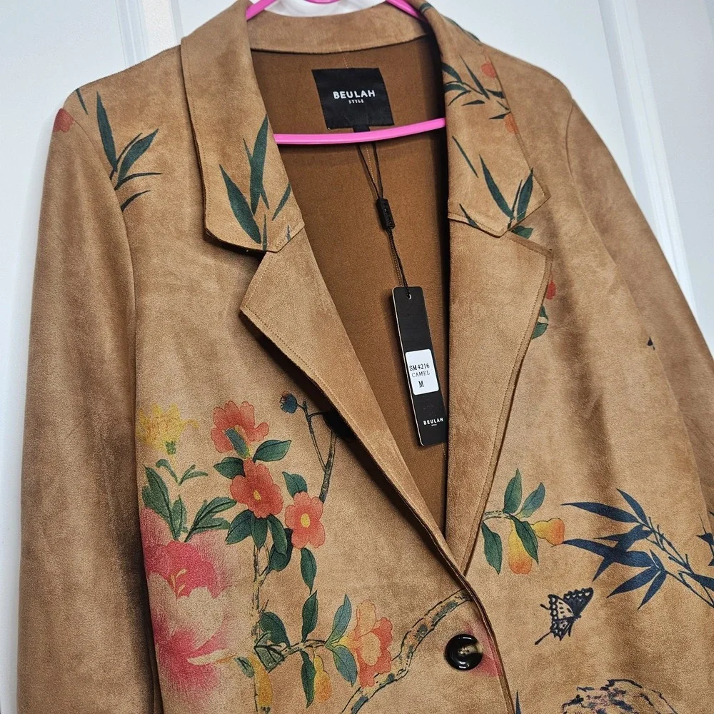 NWT Beulah Style Mid Length Faux Suede Blazer Painted Nature Botanical Size Med